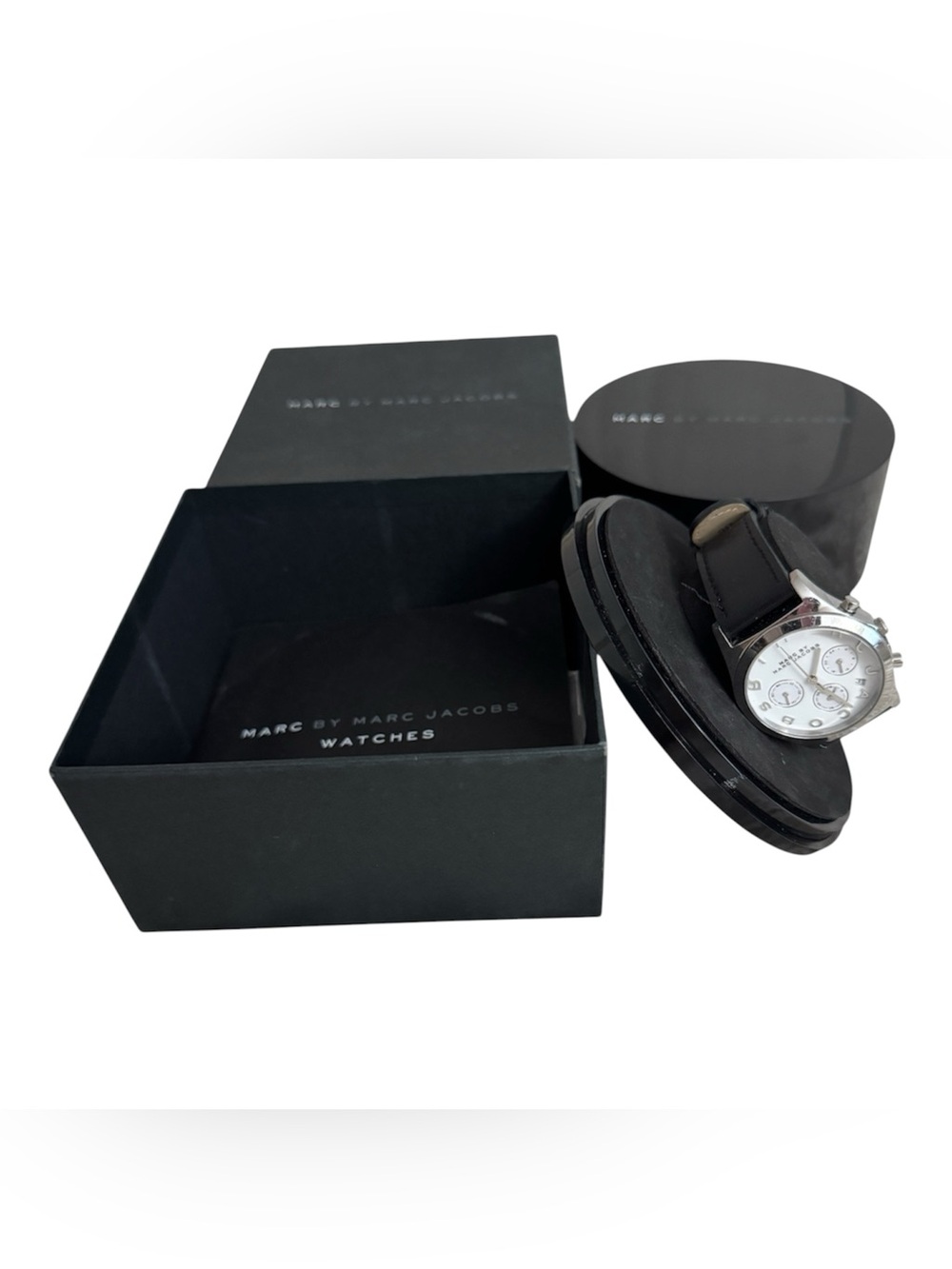 Marc By Marc Jacobs Black Leather Strap Silver Dial Chronograph Watch with Box